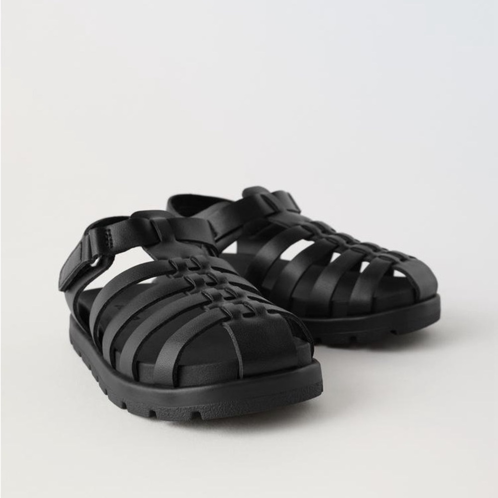 Toddler Boy Girl Zara Black Cage Strappy Velcro Sandal Uk 23 US 7 Beach Fall NEW
